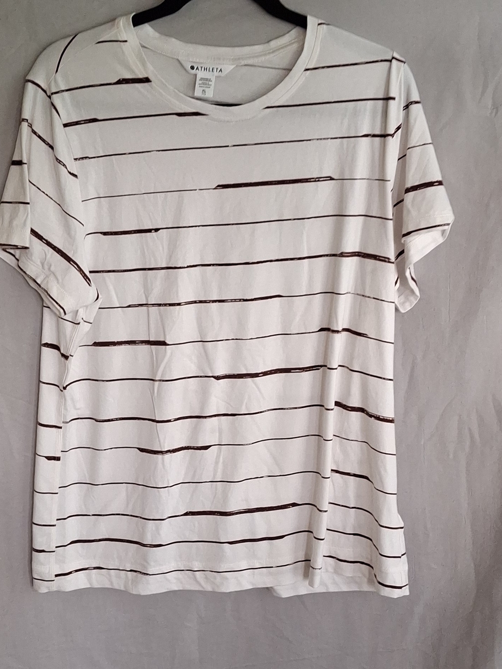 Athleta Off-White & Brown Brush-Stroke Striped Short Sleeve Crewneck Tee
